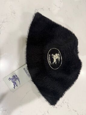 Burberry Black Faux Fur Bucket Hat with Equestrian Crest